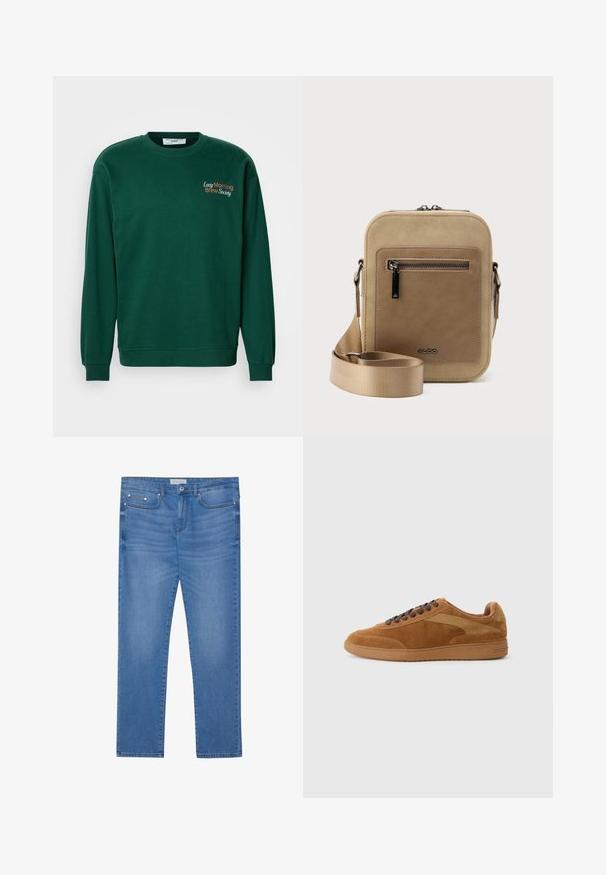Donkergroene sweatshirt met een ronde hals, lange mouwen en geribbelde manchetten. Is voorzien van de geborduurde tekst "Lazy Morning Brew Society" in oranje en wit.; Lichtblauwe spijkerbroek met een rechte pijp, vijf zakken, subtiele vervaging en metalen accenten op de taille en zakken.; Bruine suède sneakers met beige accenten, ronde neus, platte zool en donkerbruine veters. Heeft een slank ontwerp met subtiele stikseldetails.; Kleine beige crossbodytas met een voorvak met ritssluiting, metalen ALDO-logo, verstelbare brede band en afgeronde rechthoekige vorm op een witte achtergrond.