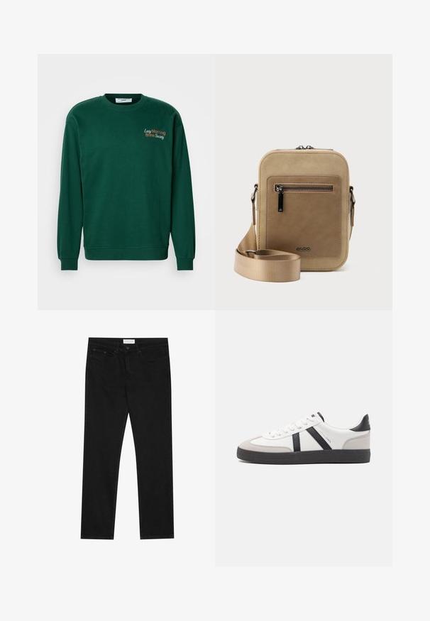 Dunkelgrüner Sweatshirt mit Rundhalsausschnitt, langen Ärmeln und gerippten Bündchen. Mit "Lazy Morning Brew Society" in Orange und Weiß bestickt.; Schwarze gerade Jeans mit Fünf-Taschen-Design, Knopf- und Reißverschluss, und einem Pier One-Label am Bund.; Weiße Sneaker mit schwarz- und grau-aczenten, ausgestattet mit einer strukturierten grauen Zehenkappe, schwarzer Gummi-Sohle und flachen weißen Schnürsenkeln. Sauberes Design, minimalistische Stil.; Kleine beige Umhängetasche mit vorderer Reißverschlusstasche, metallischem ALDO-Logo, verstellbarem breitem Riemen und abgerundeter rechteckiger Form vor weißem Hintergrund.