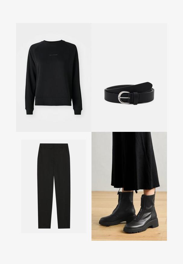 Zwarte sweatshirt met lange mouwen, geribde manchetten en zoom. Voorzien van een subtiele grijze logo aan de voorkant. Gemaakt van een zachte katoenmix.; Zwarte broek met een tailormade ontwerp, voorzien van zijzakken en een rechte pijp. Gemaakt van een soepele, lichte stof met een strakke afwerking.; Zwarte leren enkelboots met een chunky platformzool en een rits aan de voorkant. Glad oppervlak met een minimalistisch ontwerp.; Zwarte leren riem met een zilveren ronde gesp, vlak ontwerp, taps toelopend uiteinde, gladde textuur en minimalistische stijl.
