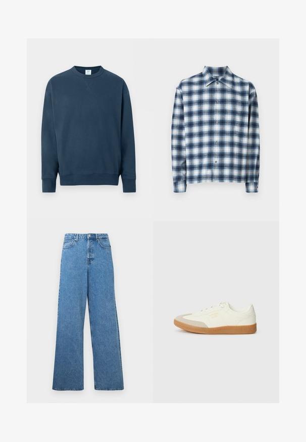 Sweat-shirt bleu marine à col rond, manches longues, poignets et ourlet côtelés, avec un petit détail en V cousu sous le col.; Chemise à manches longues à carreaux bleus et blancs, fabriquée en tissu doux. Elle présente un col pointu et une fermeture à boutons sur le devant.; Jean en denim bleu, taille haute, jambes larges, avec bouton frontal, fermeture éclair, passants pour ceinture, et poches à l'avant et à l'arrière.; Baskets en cuir blanc avec une coque beige et une semelle en caoutchouc marron clair. Dotées de lacets blancs plats et d'un logo embossé sur le côté.