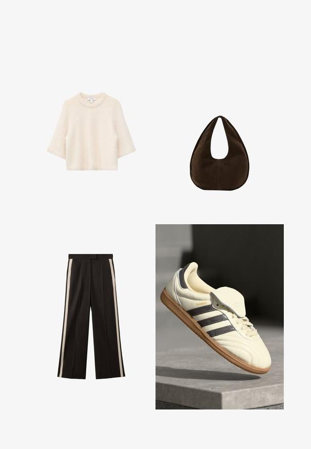 Pull en tricot doux de couleur crème avec manches trois-quarts et col rond, présenté sur un fond blanc.; Pantalon noir à jambes larges avec deux bandes verticales crème sur les côtés. Confectionné dans un tissu lisse avec une ceinture ajustée.; Baskets en cuir crème avec trois bandes sombres, une semelle extérieure en gomme marron et un bout arrondi. Présentent une languette pliable étiquetée "SAMBA."; Sac à main en daim marron foncé en forme de croissant avec une seule sangle large et une texture lisse sur fond blanc.