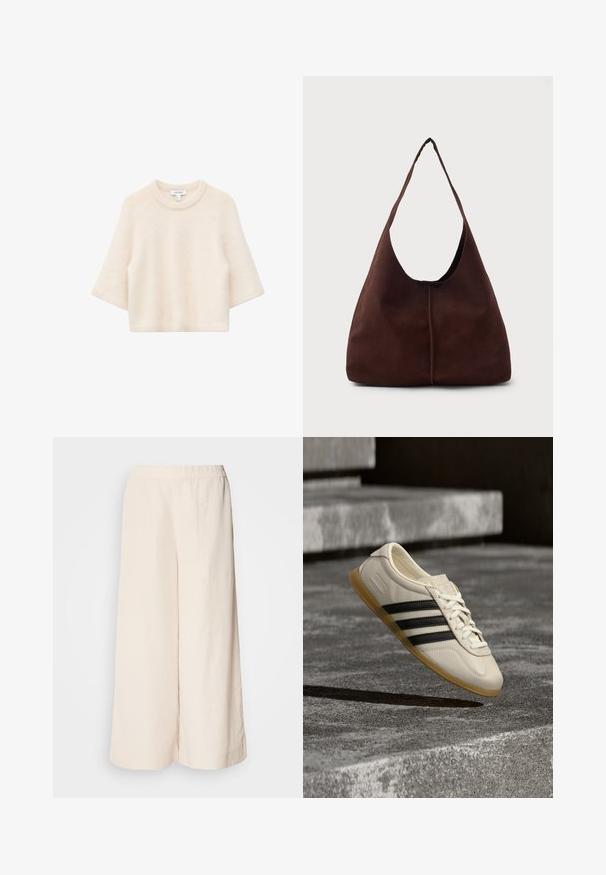 Pull en tricot doux de couleur crème avec manches trois-quarts et col rond, présenté sur un fond blanc.; Pantalons larges crème avec une taille élastique, présentant une coupe décontractée et une texture lisse, adaptés pour un usage décontracté.; Baskets blanches avec des bandes noires et une semelle en gomme flottant au-dessus d’escaliers en béton dans une lumière douce du jour.; Sac hobo en daim marron avec une grande ouverture courbée et une large bandoulière. Présente une couture centrée à l'avant. Texture lisse.
