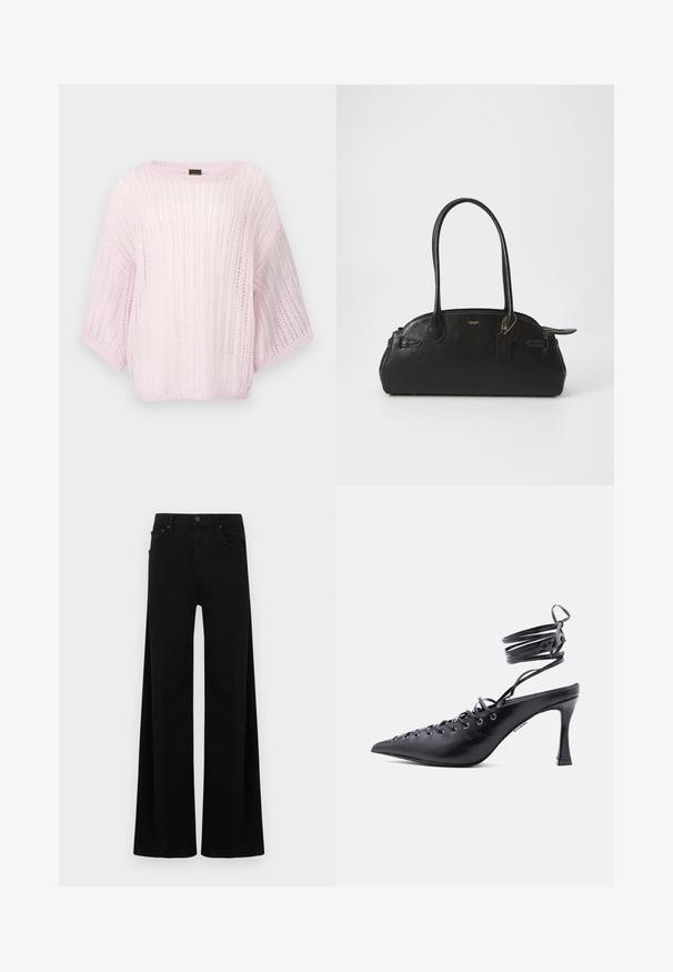 Pull rose clair en tricot avec une coupe ample, des manches larges et un motif texturé. Encolure arrondie et tissu doux et transparent.; Pantalon noir à jambes larges en denim, avec une taille haute, des poches avant et une fermeture simple par bouton métallique.; Chaussure à talon haut noire à bout pointu avec brides enveloppantes autour de la cheville et plusieurs œillets sur le devant pour laçage.; Sac à main en cuir noir de forme arrondie, avec deux longues poignées, des éléments en métal doré et une petite étiquette accrochée. Fermeture zippée sur le dessus.