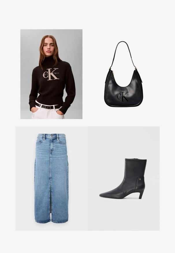 Vrouw met lang haar die een zwarte Calvin Klein coltrui draagt en witte broek met zwarte riem tegen een effen achtergrond.; Denim maxi rok in lichtblauw met een split aan de voorkant, knoopsluiting en vijf zakken. Heeft klassieke stiksels en een rechte pasvorm.; Zwarte leren enkellaarsjes met een spitse neus en een lage hak. Heeft een gladde textuur en een kleine gouden logo-detail aan de zijkant.; Zwarte leren schoudertas met gouden rits, met het verhoogde "cK"-logo op de voorkant en een enkele hengsel om te dragen.