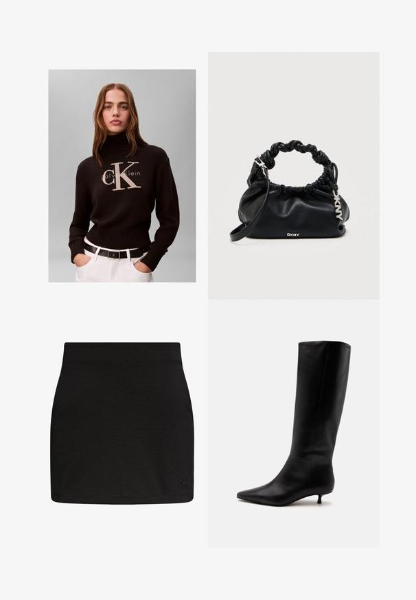 Vrouw met lang haar die een zwarte Calvin Klein coltrui draagt en witte broek met zwarte riem tegen een effen achtergrond.; Zwarte Calvin Klein mini-rok met rechte snit en subtiel CK-logo aan de onderkant van de rechter zoom.; Zwarte leren kniehoge laars met puntige neus en lage kittenhak tegen een effen lichte achtergrond.; Zwarte leren handtas met een geplooid ontwerp, gedraaide handgreep en zilverkleurige hardware. Voorzien van een geperst logo aan de voorkant.