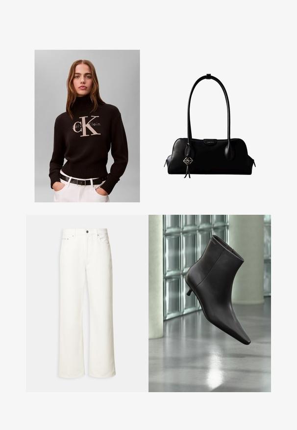 Kvinde med langt hår iført en sort Calvin Klein rullekravetrøje og hvide bukser med sort bælte mod en ensfarvet baggrund.; Hvide jeans med vide ben, foran med knap, bæltestropper og fem-lomme design.; Sort læderankelstøvle med spids tå og lille hæl vist mod en væg af glasblokke og poleret gulv baggrund.; Sort lædertaske fra Calvin Klein med lange håndtag, en forside-logo-tag og en sølv geometrisk vedhæng, der hænger fra det ene håndtag.