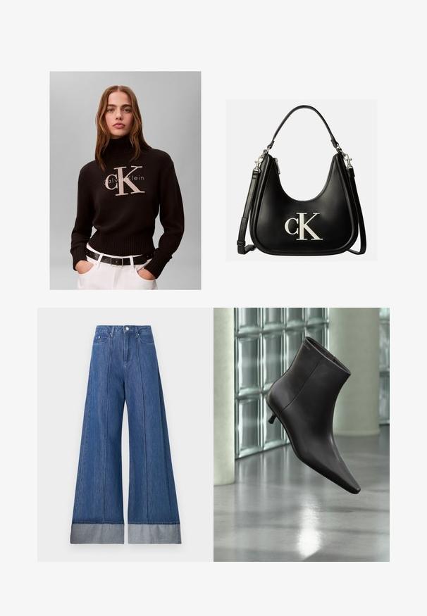 Kvinde med langt hår iført en sort Calvin Klein rullekravetrøje og hvide bukser med sort bælte mod en ensfarvet baggrund.; Bredde jeans i mellemblå denim med høj talje, to frontlommer og en kontrasterende lysere denim manchet ved kanten.; Sort læderankelstøvle med spids tå og lille hæl vist mod en væg af glasblokke og poleret gulv baggrund.; Sort lædertaske med sølv "cK" logo foran, med kort håndtag og længere justerbar skulderrem.
