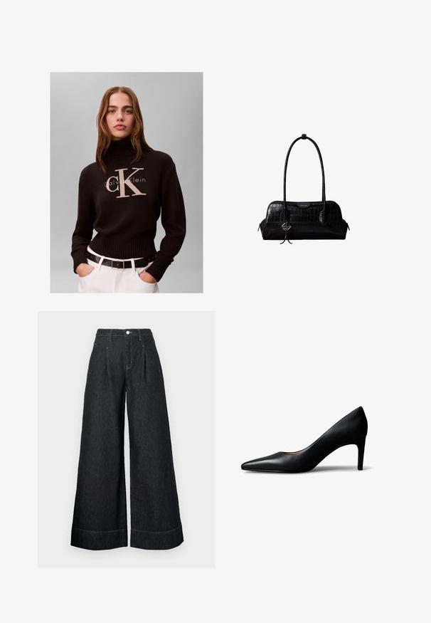 Mujer con cabello largo que lleva un suéter de cuello alto negro de Calvin Klein y pantalones blancos con cinturón negro sobre un fondo liso.; Pantalones de mezclilla negros de pierna ancha con cintura alta, que presentan pliegues frontales, un cierre de botón y costuras en contraste en los dobladillos.; Zapato de mujer tipo pump de cuero negro con punta afilada y tacón medio, mostrado de lado sobre un fondo blanco.; Bolso de hombro negro de cuero con textura de cocodrilo, con correas largas y un pequeño colgante de logo plateado en una correa.