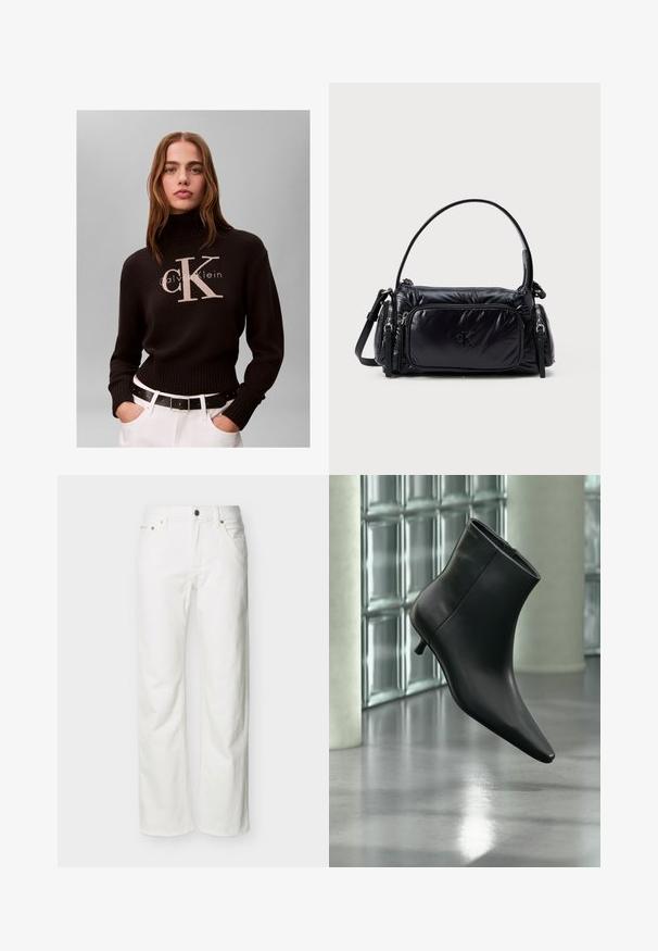 Femme aux cheveux longs portant un pull à col roulé noir Calvin Klein et un pantalon blanc avec une ceinture noire sur un fond uni.; Jean blanc à jambes droites avec poches avant, passants pour ceinture, fermeture par bouton, et coutures visibles sur un fond uni.; Bottine en cuir noir à bout pointu et petit talon kitten, présentée en angle devant un sol poli et un mur en blocs de verre.; Sac à main en nylon noir au design moelleux, avec une bandoulière arrondie, une poche zippée à l'avant et un logo subtil embossé sur le devant.