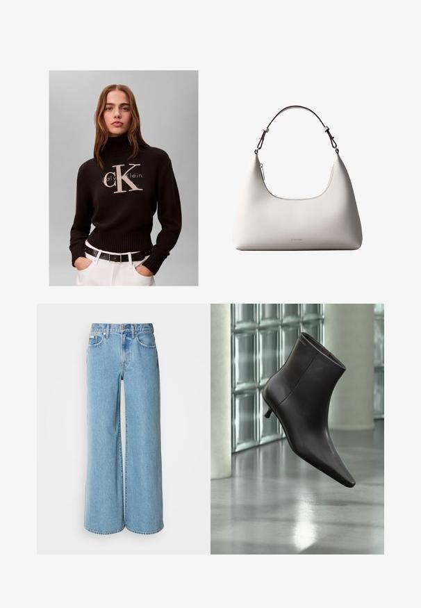 Femme aux cheveux longs portant un pull à col roulé noir Calvin Klein et un pantalon blanc avec une ceinture noire sur un fond uni.; Jean large bleu clair en denim, avec une taille haute, un design à cinq poches et un léger dégradé sur le tissu.; Bottine en cuir noir avec bout pointu et petit talon, présentée devant un mur en blocs de verre et un sol poli.; Sac à bandoulière en cuir couleur crème de Calvin Klein avec bord supérieur incurvé, fermeture éclair argentée et sangle ajustable brun foncé.