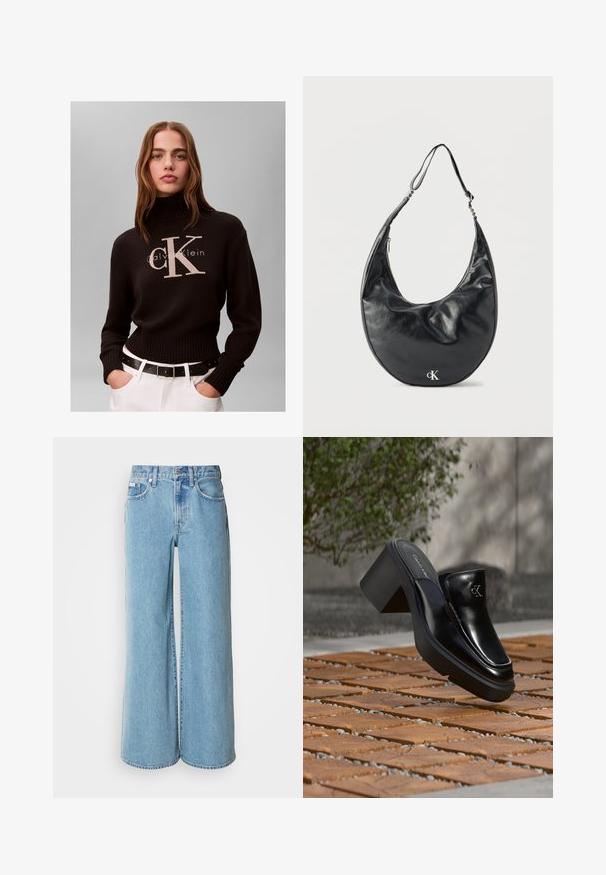 Vrouw met lang haar die een zwarte Calvin Klein coltrui draagt en witte broek met zwarte riem tegen een effen achtergrond.; Lichtblauwe wijde jeans van denim, met een hoge taille, vijf pockets en subtiele vervaging langs de stof.; Zwarte leren Calvin Klein slip-on mule met blokhak rustend op houten tegels buiten, vlak bij een groene plant en een grijze muur.; Zwart, leren schoudertas in halve maanvorm met verstelbare band en zilveren "cK" logo aan de voorkant, tegen een witte achtergrond.