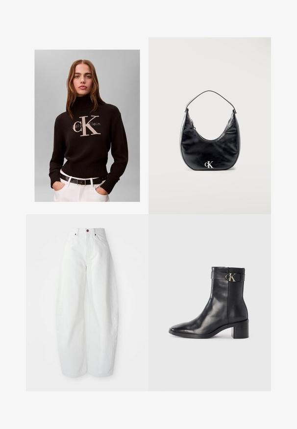 Mujer con cabello largo que lleva un suéter de cuello alto negro de Calvin Klein y pantalones blancos con cinturón negro sobre un fondo liso.; Pantalones de mezclilla blancos de tiro alto con un corte holgado. Presentan un cierre de botón, bolsillos laterales y un diseño minimalista. Textura suave.; Bota de tobillo de cuero negra con punta afilada, tacón cuadrado y una correa con un detalle de logo metálico. Textura suave y diseño minimalista.; Bolso de mano de cuero negro en forma de media luna con asa corta y logotipo "cK" plateado en el frente, cierre de cremallera en la parte superior.