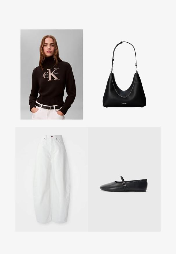 Femme aux cheveux longs portant un pull à col roulé noir Calvin Klein et un pantalon blanc avec une ceinture noire sur un fond uni.; Pantalons en denim blancs taille haute avec une coupe ample. Dotés d'une fermeture à bouton, de poches latérales et d'un design minimaliste. Texture lisse.; Ballerines noires en cuir avec un bout pointu, une semelle plate et une petite sangle avec un détail de boucle en argent.; Sac à main en cuir noir avec un détail en chaîne argentée et une bandoulière réglable, arborant le logo Calvin Klein à l'avant.