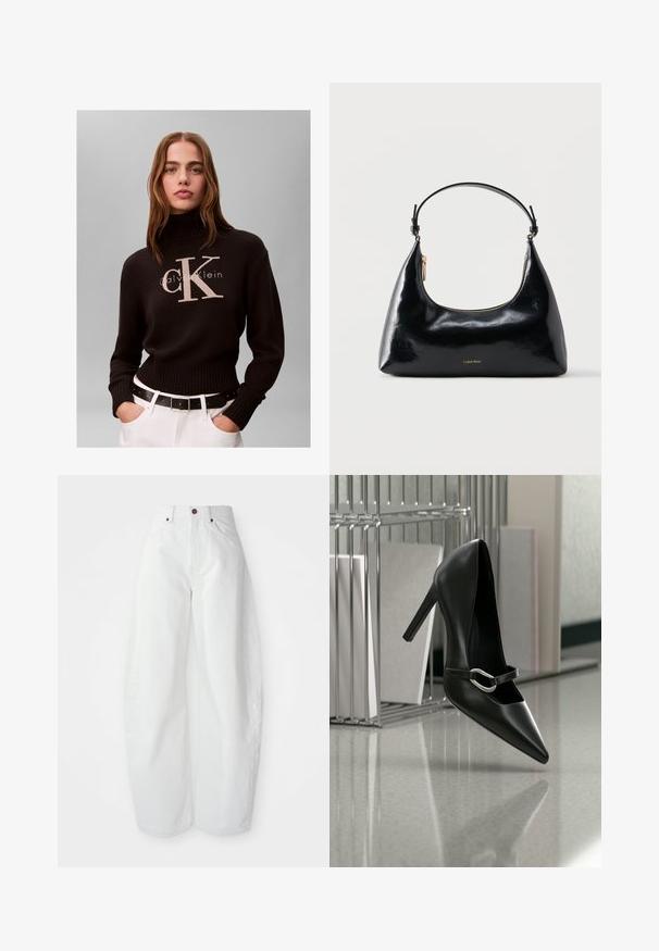Kvinde med langt hår iført en sort Calvin Klein rullekravetrøje og hvide bukser med sort bælte mod en ensfarvet baggrund.; Højtaljede hvide denimbukser med løs pasform. Har en knaplukning, sidelommer og et minimalistisk design. Glat tekstur.; Sort spids højhælet sko med en sølvspænde, placeret på en reflekterende overflade nær en metalfilorganisator med papirer.; Sort blank Calvin Klein håndtaske med gyldent lynlås og kort rem mod en ensfarvet hvid baggrund.