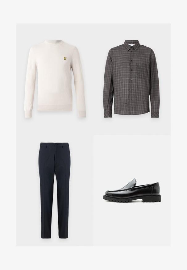 Lysebeige sweater med lange ærmer, rund hals og ribbet kant. Har et lille sort og gult broderet logo på brystet.; Langærmet ternet skjorte i mørkegrå med lysere rute mønstre, knaplukning og en brystlomme. Fremstillet af letvægtsstof.; DRYKORN AJEND - Chino - blue; Sort læderloafer med chunky gummisål, syet overdel og præget mærkenavn på hælen, vist i sideprofil på hvid baggrund.