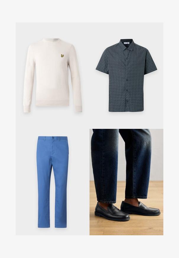 Suéter de color beige claro con mangas largas, cuello redondo y dobladillo acanalado. Presenta un pequeño logo bordado en negro y amarillo en el pecho.; Camisa de manga corta en azul marino con un patrón de zigzag blanco. Cuenta con un cuello clásico y cierre frontal con botones. Textura de tela suave.; Pantalones de algodón azul con una textura suave, piernas rectas, cierre de botón y un solo bolsillo frontal. Sin patrones visibles ni acentos de metal.; Mocasines de cuero negro con detalles de costura y acentos texturizados, combinados con denim oscuro, mostrando un diseño casual y estilizado.
