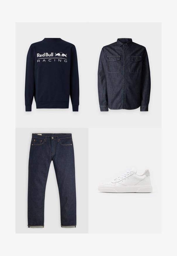 Navy blauwe sweatshirt met lange mouwen van katoen, met een ronde hals en een groot wit "Red Bull Racing" logo op de voorkant, vergezeld van twee stier graphics.; Replay Overhemd - dark blue; Donkerblauwe spijkerbroek met rechte pijpen, omgeslagen boorden, vijfzakkenontwerp, koperen klinknagels en knoopsluiting op een effen achtergrond.; Witte leren sneakers met een gladde afwerking, ronde neus, platte veters en een gestructureerde zool. Grijze suède accent bij de hiel.