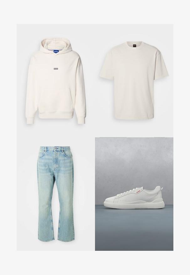 Ανοιχτό κρεμ hoodie από μίγμα βαμβακιού, με μεγάλη μπροστινή τσέπη, ριμπ μανσέτες και ένα μικρό μαύρο λογότυπο "HUGO" στο στήθος.; T-shirt με κοντά μανίκια, σε στυλ crew-neck, σε ελαφρύ λευκό βαμβάκι, με ίσια γραμμή και ελάχιστη επωνυμία στον γιακά. Απαλή υφή, χωρίς σχέδια.; Ανοιχτό μπλε τζιν παντελόνι με φάσα, ψηλή μέση, πέντε τσέπες, θηλιές για ζώνη και υφή με ξεθωριασμένο φινίρισμα.; Λευκό παπούτσι sneaker με λείο δερμάτινο φινίρισμα, στρογγυλή μύτη, τέσσερις τρυπούλες, διακριτές οπές και κόκκινη λεπτομέρεια λογότυπου στο πλάι.