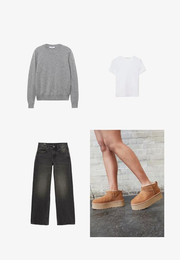 Pull en laine gris avec un col rond, des manches longues et des bords côtelés. La texture semble douce et légèrement texturée.; T-shirt blanc à manches courtes en tissu doux. Dispose d'un col rond et d'un design simple et épuré avec un ourlet droit.; Jean noir à jambes larges avec détails délavés, bouton frontal, fermeture éclair et cinq poches, posé à plat sur fond blanc.; Bottines en suède marron avec une doublure en peluche, semelle épaisse en beige et une poignée à l'arrière. Surface texturée avec des détails de couture visibles.