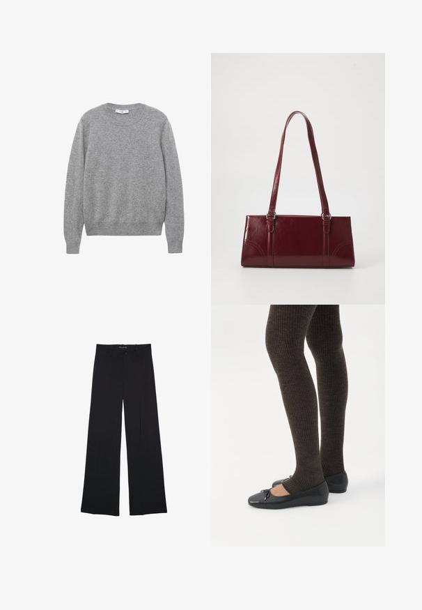 Pull en laine gris avec un col rond, des manches longues et des bords côtelés. La texture semble douce et légèrement texturée.; Pantalon noir à jambes larges avec passants de ceinture, bouton frontal et fermeture éclair, étalé à plat sur un fond blanc.; Jambes portant des leggings côtelés foncés associés à des ballerines noires avec de petits détails en nœud sur fond blanc.; Sac à main bordeaux en matériau brillant, de forme rectangulaire, avec deux anses et des accents légèrement courbés à l'avant.
