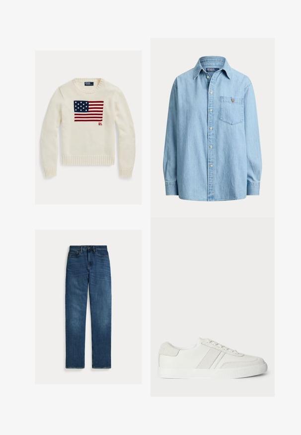 Crèmekleurige gebreide trui met de Amerikaanse vlag gebreid over de borst en kleine "RL" initialen onder de vlag aan de rechterkant.; Lichtblauw denim shirt met lange mouwen, knoopsluiting voor en een borstzakje met een klein geborduurd logo op het zakje.; Blauwe denim jeans met rechte pijpen, vijf zakken, knoopsluiting en subtiele vervaging op dijen en knieën, plat op een witte achtergrond gelegd.; Witte sneaker met een glad leren bovenzijde, suède accenten en platte veters. Voorzien van een geëxtraheerde rubberen zool en een minimalistisch ontwerp.