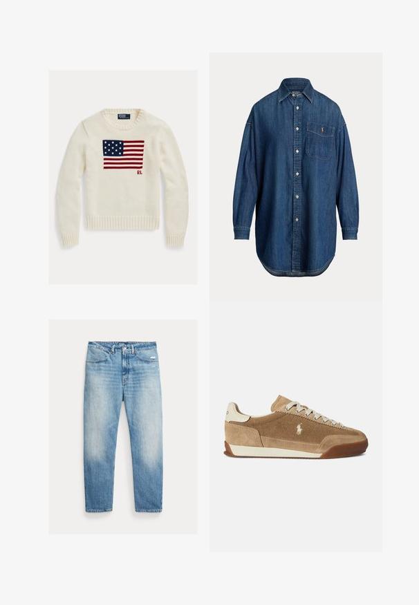 Jersey de punto color crema con la bandera americana tejida a lo largo del pecho y pequeñas iniciales "RL" debajo de la bandera en el lado derecho.; Camisa de mezclilla azul de manga larga con botones, bolsillo en el pecho con pequeño logo bordado y cuello clásico.; Vaqueros de pierna recta en azul claro desgastado, con bolsillos delanteros, cierre de botón y cremallera, y ligero desgaste en el muslo derecho.; Zapatillas de ante color canela con un perfil bajo, detalles en crema, diseño con cordones y suela de goma. Presentan un pequeño logo en el lateral.