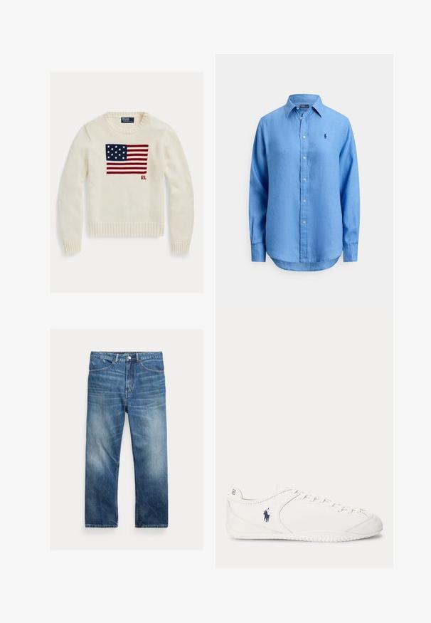 Cremefarvet striktrøje med amerikansk flag strikket tværs over brystet og små "RL" initialer under flaget på højre side.; Lyseblå skjorte med knapper lavet af et blødt stof, med spids krave, lange ærmer og en lille logo på brystet.; Blå vaskede denimjeans med lige ben, forlommer, bæltestropper og falmede detaljer på lår og knæ.; Hvid lavprofil sneakers med snørelukning foran og mørkeblå polospillerlogo på siden, vist fra indersiden.