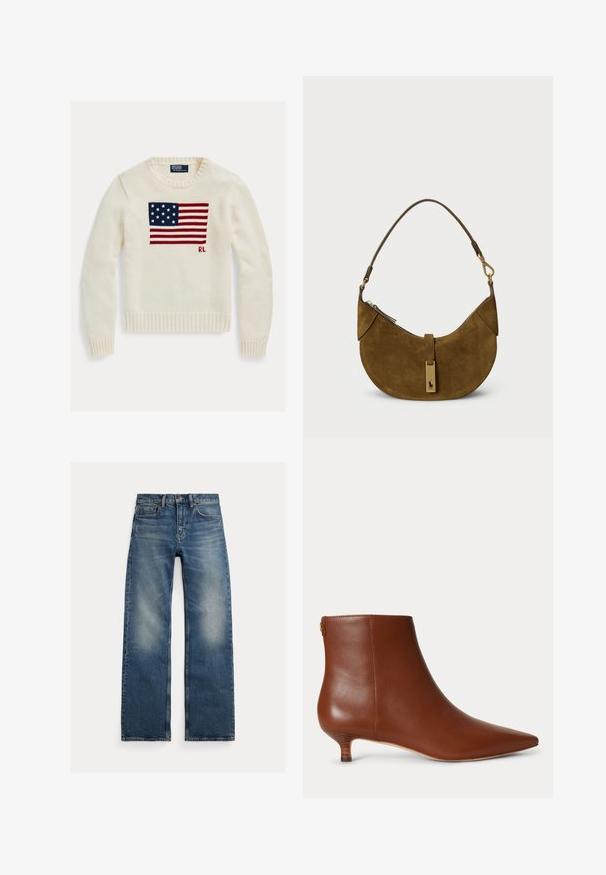 Jersey de punto color crema con la bandera americana tejida a lo largo del pecho y pequeñas iniciales "RL" debajo de la bandera en el lado derecho.; Vaqueros rectos azules con zonas descoloridas en los muslos, diseño de cinco bolsillos y cierre de botones, colocados planos sobre un fondo blanco.; Botín de cuero marrón con puntera puntiaguda y tacón bajo tipo kitten sobre un fondo claro y sencillo.; Bolso de ante marrón con forma curva, hardware dorado y cierre de cremallera. Cuenta con una correa para el hombro corta y ajustable.