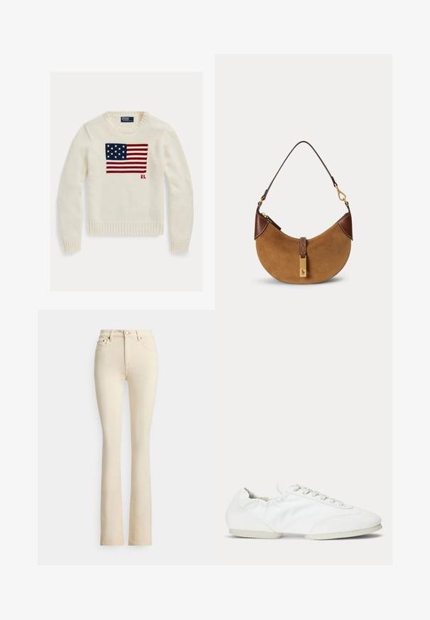 Jersey de punto color crema con la bandera americana tejida a lo largo del pecho y pequeñas iniciales "RL" debajo de la bandera en el lado derecho.; Vaqueros acampanados beige con cintura de tiro alto, dos bolsillos delanteros y cierre de botón. Textura suave y detalles mínimos de costuras.; Zapatilla blanca de perfil bajo con cordones, panel lateral de tela lisa y suela blanda y flexible.; Bolso en forma de media luna de ante marrón con detalles en cuero marrón oscuro, herrajes dorados y una correa corta para el hombro.