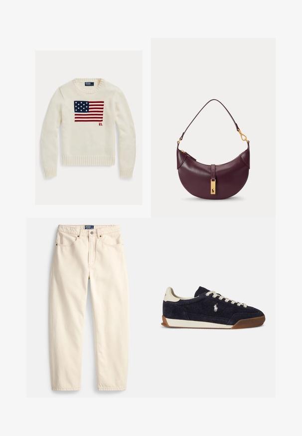Cremefarvet striktrøje med amerikansk flag strikket tværs over brystet og små "RL" initialer under flaget på højre side.; Jeans i cremefarve lavet af denim med lige ben, forlommer og detaljer med overlock-syning. Lukning med metalknap og lynlås.; Blå ruskindssneakers med cremefarvede detaljer, rund tå, hvide snørebånd og en struktureret sål i gummigummi, med en lille logo på siden.; Lille mørkelilla læder skuldertaske med guld lynlås og guldrektangulært logo på frontstroppen.