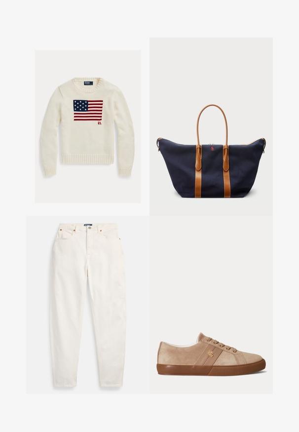 Cremefarvet striktrøje med amerikansk flag strikket tværs over brystet og små "RL" initialer under flaget på højre side.; Hvide høj-taljede jeans med lige ben, foran knap og lynlås, fem-lommer design og Polo mærkeetiket på linningen.; Beige ruskind lav-sneaker med brun gummisål, matchende snørebånd og et lille guld "RLL" logo på siden.; Marineblå canvas sporttaske med lysebrune læderremme, lynlås lukning og lille rød logo detalje på forsiden, udstyret med et bredt og rummeligt design.