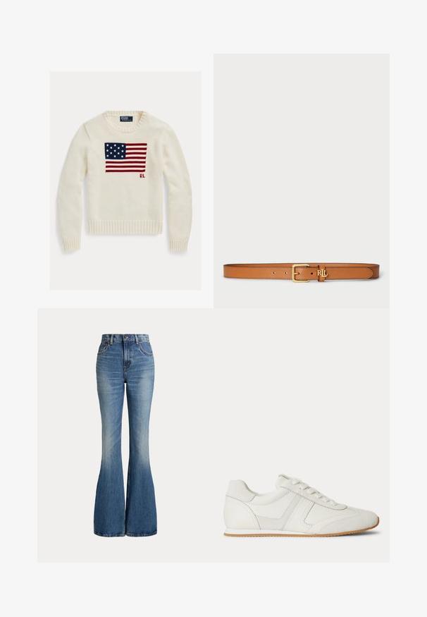Jersey de punto color crema con la bandera americana tejida a lo largo del pecho y pequeñas iniciales "RL" debajo de la bandera en el lado derecho.; Vaqueros de mezclilla azul de talle alto con piernas acampanadas y ligero desgaste en la zona delantera del muslo, mostrados sobre fondo blanco.; Zapatilla blanca de corte bajo con cordones en la parte frontal, paneles de ante y cuero, y una suela de goma marrón claro sobre un fondo blanco.; Cinturón de cuero color marrón claro con hebilla rectangular en tono dorado y logo "RL" en relieve. Textura suave y ajustable con múltiples agujeros para el tamaño.
