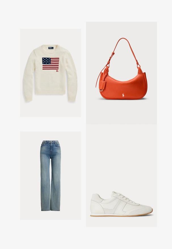 Cremefarvet striktrøje med amerikansk flag strikket tværs over brystet og små "RL" initialer under flaget på højre side.; Højtaljede, lige ben blå jeans med forlommer, bæltestropper og knaplukning, der har subtile slidte detaljer.; Hvid lavtop sneaker med snørelukning foran, ruskind- og læderpaneler og en lysebrun gummisål på en hvid baggrund.; Orange skuldertaske i læder med en buet form, struktureret overflade, en lang rem og en lille sidelomme. Har et hvidt logo som dekoration.