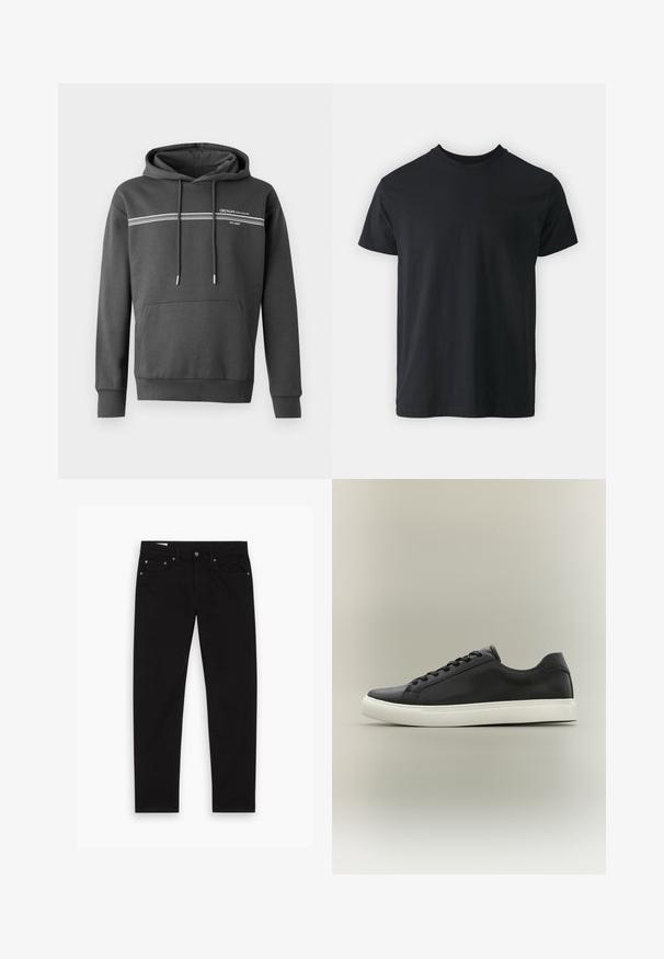 Mørkegrå hoodie lavet af blødt materiale, med hvide vandrette striber, en kængurulomme og justerbar snoretræk i hætten.; Sort bomulds t-shirt med kortærmer, rund halsudskæring og en afslappet pasform. Glat tekstur og lige kant, ingen synlige grafikker eller mønstre.; Sorte lige ben jeans med for- og baglommer, bæltestropper samt knappeslås og lynlås, lagt fladt på en hvid baggrund.; Sort lavtop sneakersko med hvid gummisål og sorte snørebånd, vist i sideprofil mod en neutral baggrund.
