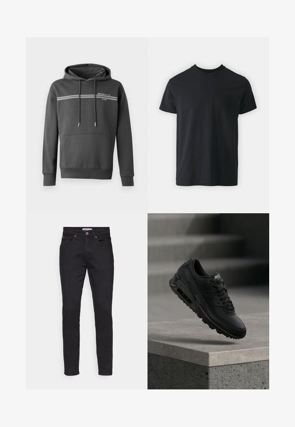 Donkergrijze hoodie van zachte stof, met witte horizontale strepen, een kangoeroezak en een verstelbare trekkoordkap.; Zwart katoenen T-shirt met korte mouwen, ronde hals en een relaxte pasvorm. Glad textuur en rechte zoom, geen zichtbare graphics of patronen.; Zwarte denim jeans met een slim fit, vijf zakken ontwerp en subtiele rode en witte accenten op de voorzak.; Zwarte Nike Air Max 90 sneaker met een combinatie van leer en mesh materialen, ronde veters en een zichtbare luchtunit in de zool.