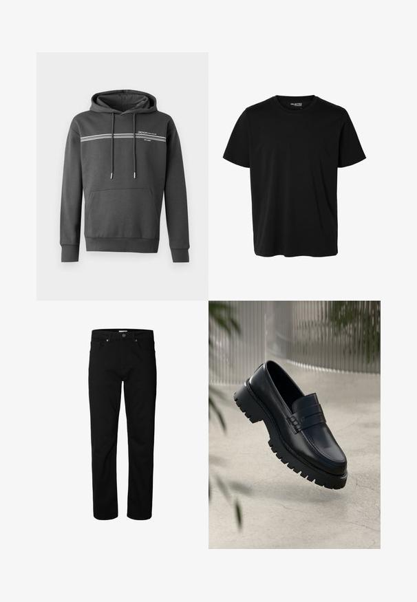 Sudadera gris oscuro hecha de tela suave, con rayas horizontales blancas, un bolsillo tipo canguro y capucha ajustable con cordón.; Camiseta negra lisa de manga corta y cuello redondo con corte de hombre, sin patrones ni logotipos visibles en el delantero.; Vaqueros negros de corte recto con cierre de botón y cremallera, pasadores para cinturón y bolsillos delanteros y traseros, mostrados sobre un fondo blanco liso.; Mocasines de cuero negro con suela gruesa, que presentan una correa decorativa y detalles de costura. Textura suave con un acabado pulido.