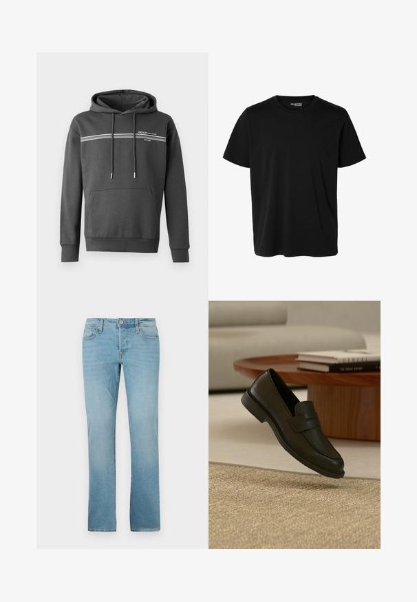 Mørkegrå hoodie lavet af blødt materiale, med hvide vandrette striber, en kængurulomme og justerbar snoretræk i hætten.; Ensfarvet sort t-shirt med korte ærmer og rund hals, herrepasform, uden synlige mønstre eller logoer foran.; Lyseblå jeans lavet af denim, med lige ben-design, fem lommer, knaplukning og subtil falmning for tekstur.; Sort læderloafer vist i luften over en beige vævet tæppe, med et træbord og stablede bøger i et blødt oplyst stue.