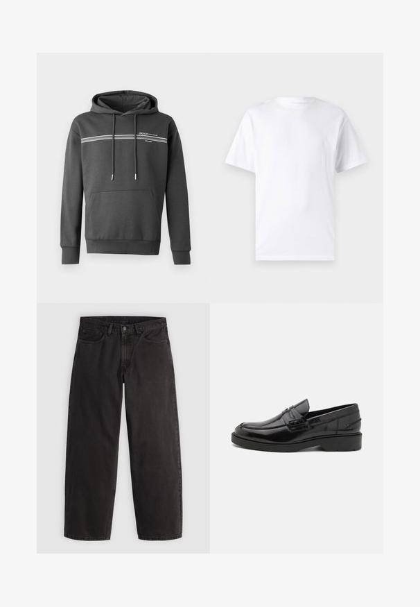 Sudadera gris oscuro hecha de tela suave, con rayas horizontales blancas, un bolsillo tipo canguro y capucha ajustable con cordón.; Camiseta blanca de manga corta hecha de algodón con cuello redondo, que presenta una textura suave y un diseño simple sin patrones ni acentos.; Vaqueros negros de pierna recta con cinco bolsillos y trabillas para cinturón, mostrados extendidos sobre un fondo claro y liso.; Mocasines de cuero negro con un acabado suave, punta redondeada, tacón bajo y costura decorativa en la parte delantera. Suela de goma para mayor agarre.