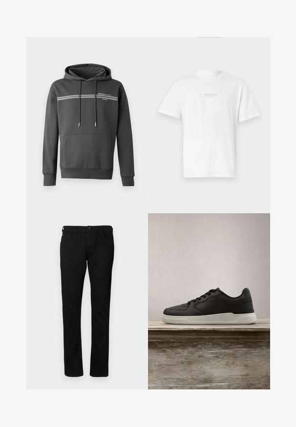 Sudadera gris oscuro hecha de tela suave, con rayas horizontales blancas, un bolsillo tipo canguro y capucha ajustable con cordón.; Camiseta blanca de algodón con mangas cortas, cuello redondo y un logo impreso simple en la parte delantera. Textura suave y ajuste estándar.; Vaqueros de denim negro con un ajuste slim, que cuentan con bolsillos frontales, trabillas para cinturón y cierre de botón. Textura suave con un color sólido.; Zapatilla negra con suela blanca suspendida sobre un banco de madera, con follaje verde en el fondo desenfocado.