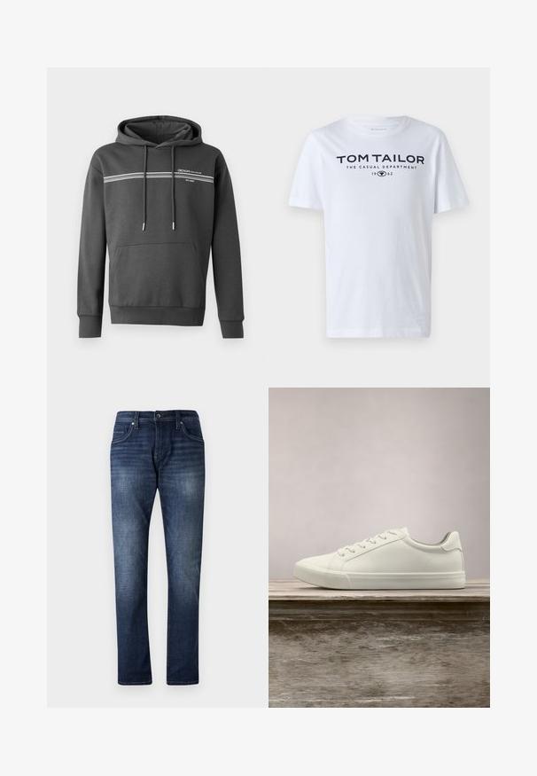 Mørkegrå hoodie lavet af blødt materiale, med hvide vandrette striber, en kængurulomme og justerbar snoretræk i hætten.; Hvid bomulds t-shirt med rund hals, korte ærmer og navy tekst, der læser "TOM TAILOR THE CASUAL DEPARTMENT 1962."; Mørkeblå denimjeans med lige ben design, der har en falmet vask, fem lommer og synlige stikninger langs sømmene.; Hvide snørresneakers svævende over en træbænk med grønne planter i baggrunden, der fremhæver skodesign og tekstur.