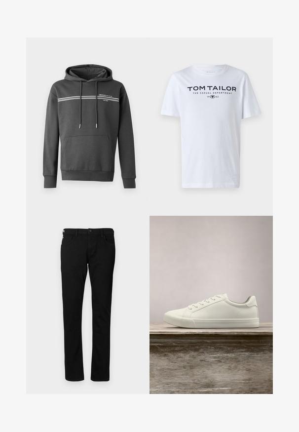 Donkergrijze hoodie van zachte stof, met witte horizontale strepen, een kangoeroezak en een verstelbare trekkoordkap.; Witte katoenen t-shirt met een ronde hals, korte mouwen en marineblauwe tekst "TOM TAILOR THE CASUAL DEPARTMENT 1962."; Zwarte denim jeans met een slim fit, voorzien van voorzakken, riemlussen en een knoopsluiting. Soepele textuur met een effen kleur.; Witte vetersneaker die boven een houten bank zweeft met groene bladeren op de achtergrond, waarbij het ontwerp en de textuur van de schoen worden getoond.