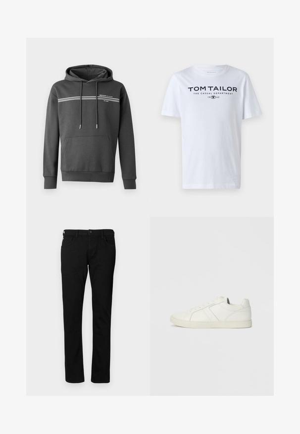 Mørkegrå hoodie lavet af blødt materiale, med hvide vandrette striber, en kængurulomme og justerbar snoretræk i hætten.; Hvid bomulds t-shirt med rund hals, korte ærmer og navy tekst, der læser "TOM TAILOR THE CASUAL DEPARTMENT 1962."; Sorte denim jeans med en slim fit, der har forlommer, bæltestropper og en knaplukning. Glat tekstur med en ensfarvet overflade.; Lave hvide lædersneakers med snørebånd og flad gummisål, set fra indersiden på en ensfarvet baggrund.