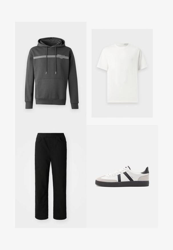 Sudadera gris oscuro hecha de tela suave, con rayas horizontales blancas, un bolsillo tipo canguro y capucha ajustable con cordón.; Camiseta blanca lisa de manga corta y cuello redondo mostrada sobre un fondo gris claro.; Pantalones de algodón negros con un ajuste relajado, cinturilla elástica, dos bolsillos delanteros y piernas rectas. Textura suave sin patrones visibles.; Zapatilla blanca con acentos en negro y gris, que presenta una puntera texturizada en gris, suela de goma negra y cordones planos blancos. Diseño limpio, estilo minimalista.