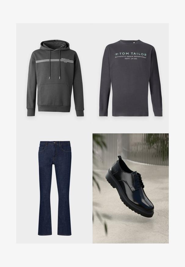 Mørkegrå hoodie lavet af blødt materiale, med hvide vandrette striber, en kængurulomme og justerbar snoretræk i hætten.; TOM TAILOR PRINTED - Langærmet T-shirt - tarmac grey; Mørkeblå denim flare jeans med mellemhøj talje, fem lommer og kontrastsyninger. Glat tekstur med minimal slid.; Sorte lædersko med en blank overflade, rund tå, snøredesign, kontrastsyninger og en tyk gummisål med mønster.