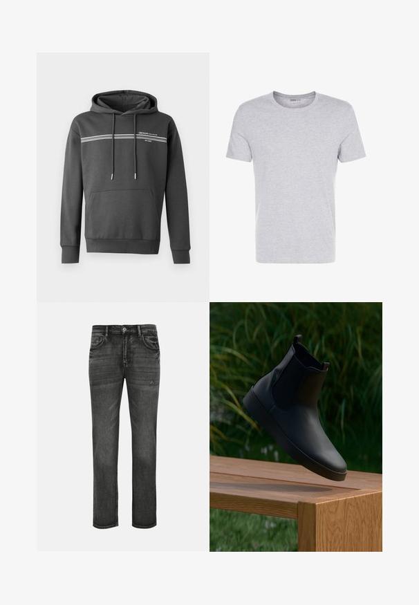 Mørkegrå hoodie lavet af blødt materiale, med hvide vandrette striber, en kængurulomme og justerbar snoretræk i hætten.; Grå bomulds T-shirt med rund hals, korte ærmer og et enkelt design, som har en blød, glat tekstur uden synlige mønstre eller udsmykninger.; Svarte denimjeans med lige pasform, der har let falming og en smule slid. Klassisk design med fem lommer og standard knaplukning.; Sort læder ankelstøvle med elastiske sidepaneler, glat overflade, afrundet tå og flad sål, placeret over et træt bord mod en grøn baggrund.