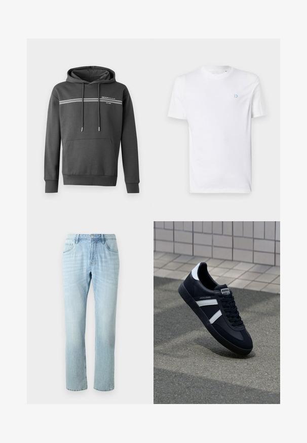 Mørkegrå hoodie lavet af blødt materiale, med hvide vandrette striber, en kængurulomme og justerbar snoretræk i hætten.; Hvid bomulds t-shirt med rund halsudskæring og korte ærmer, med et lyseblåt logo på venstre bryst. Glat tekstur, enkelt design.; Lyseblå denimjeans med lige ben, som har fem lommer, diskret falming og en metalknap i taljen.; Sort lædersneaker med hvide striber, tekstureret gummisål og snørrebånd foran. Har et brandet mærke på tungen.