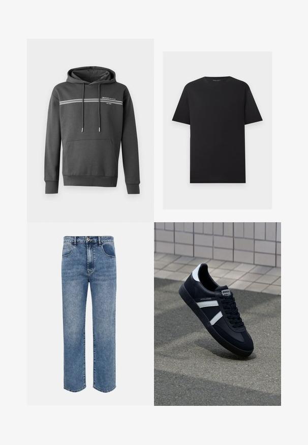 Mørkegrå hoodie lavet af blødt materiale, med hvide vandrette striber, en kængurulomme og justerbar snoretræk i hætten.; Sort T-shirt med korte ærmer og rund hals med ensfarvet design, vist fladt på en lysegrå baggrund.; Blå denimjeans med lige ben, forlommer, bæltestropper, knaplukning og falmet vaskedetalje.; Sort lædersneaker med hvide striber, tekstureret gummisål og snørrebånd foran. Har et brandet mærke på tungen.