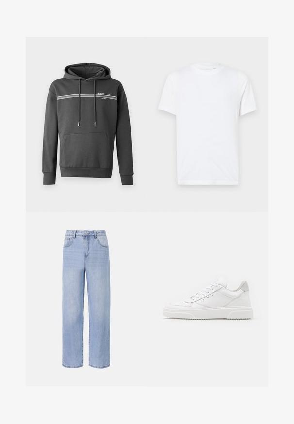 Mørkegrå hoodie lavet af blødt materiale, med hvide vandrette striber, en kængurulomme og justerbar snoretræk i hætten.; Hvid bomulds t-shirt med rund halsudskæring og korte ærmer. Har et lille, præget logo på venstre bryst. Glat tekstur.; Lyseblå denimjeans med et afslappet, bredbenet design. Funktioner inkluderer fem lommer, en frontknaplukning og diskret falmning.; Hvide lædersneakers med en glat finish, rund tå, flade snørebånd og en struktureret sål. Grå ruskindsdetalje ved hælen.