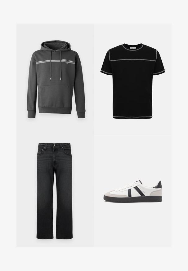 Donkergrijze hoodie van zachte stof, met witte horizontale strepen, een kangoeroezak en een verstelbare trekkoordkap.; Zwart T-shirt met korte mouwen en ronde hals, voorzien van contrasterende witte dubbele stiknaden over de borst, mouwen, kraag en zoom.; Zwarte rechte jeans met een frontale knoop- en ritssluiting, vijf zakken en subtiele vervaging op de dijen en knieën.; Witte sneaker met zwarte en grijze accenten, voorzien van een grijze neus met textuur, zwarte rubberen zool en platte witte veters. Schoon ontwerp, minimalistische stijl.