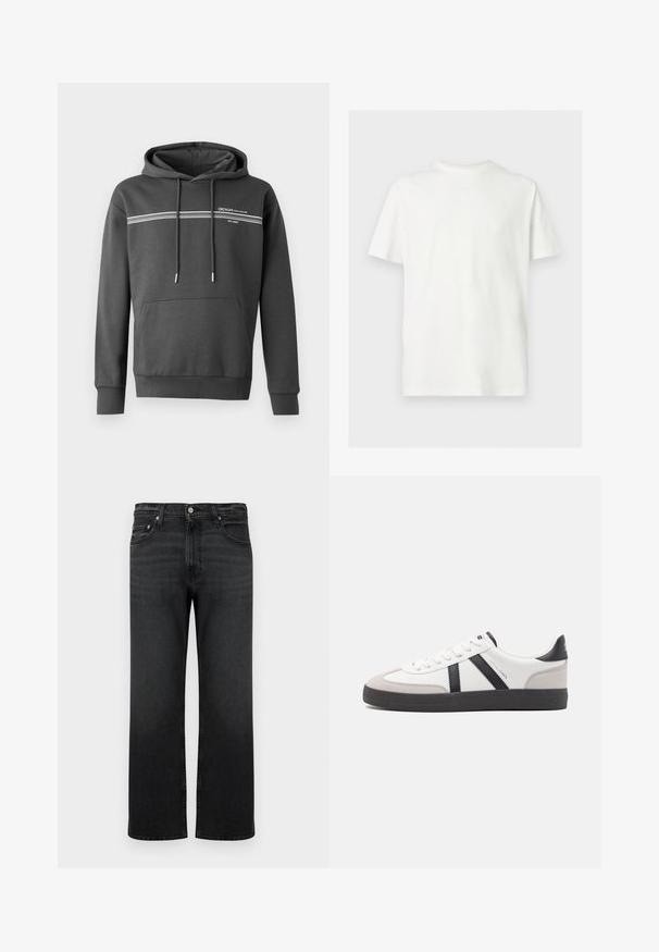 Mørkegrå hoodie lavet af blødt materiale, med hvide vandrette striber, en kængurulomme og justerbar snoretræk i hætten.; Hvid kortærmet T-shirt med rund hals og afslappet pasform på ensfarvet lys baggrund.; Sorte straight-leg jeans med knap- og lynlås lukning foran, fem lommer og diskret falmede detaljer på lår og knæ.; Hvide sneakers med sorte og grå detaljer, med en tekstureret grå tåhætte, sort gummisål og flade hvide snørebånd. Rent design, minimalistisk stil.